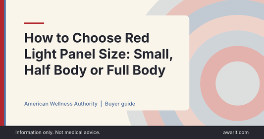 Title card for the AWA guide: How to Choose Red Light Panel Size: Small, Half Body or Full Body