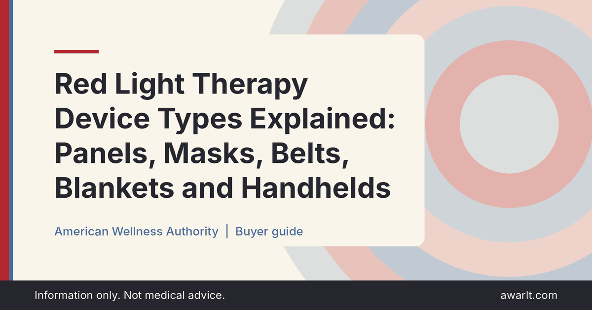 Title card for the AWA guide: Red Light Therapy Device Types Explained: Panels, Masks, Belts, Blankets and Handhelds