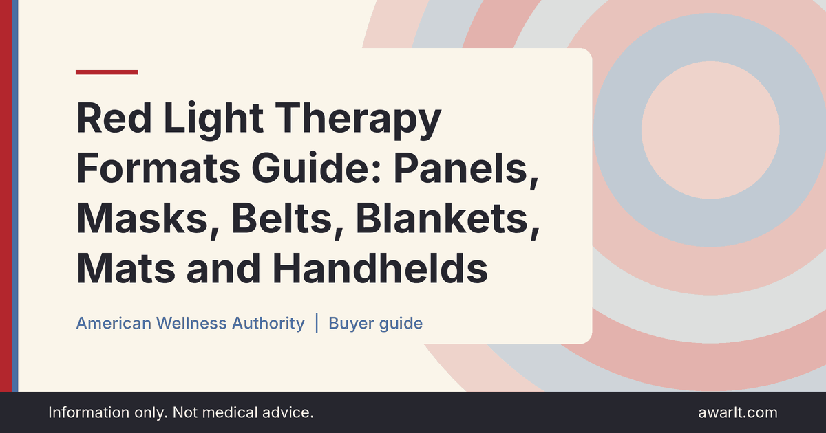 Title card for the AWA guide: Red Light Therapy Formats Guide: Panels, Masks, Belts, Blankets, Mats and Handhelds