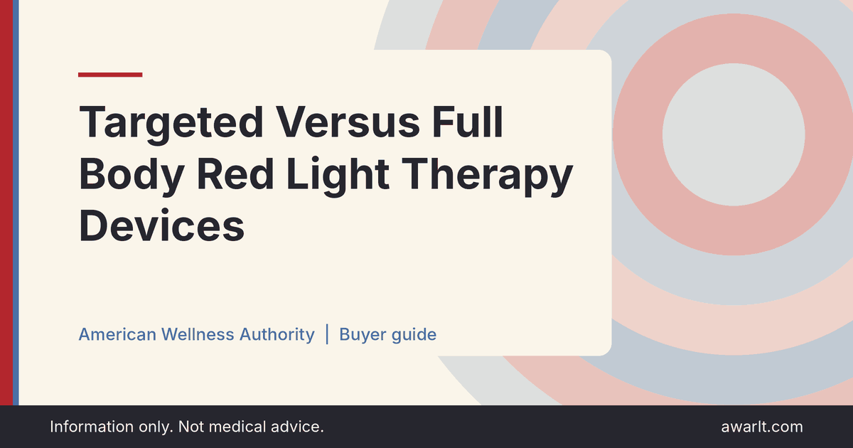 Title card for the AWA guide: Targeted Versus Full Body Red Light Therapy Devices