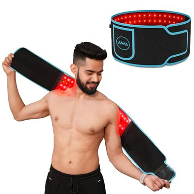 Infrared vibrating therapy belt wrapped around lower back, AWA