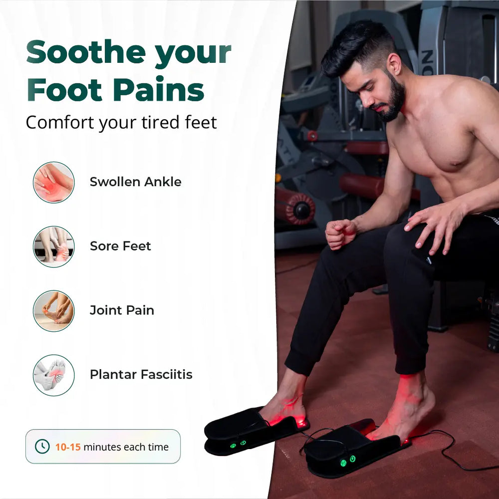 Man seated at a gym wearing AWA red light therapy slippers, with text overlay