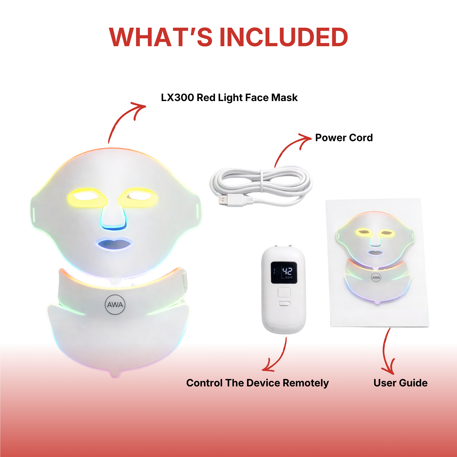 AWA LX300 LED face mask box contents with power cord, remote and user guide
