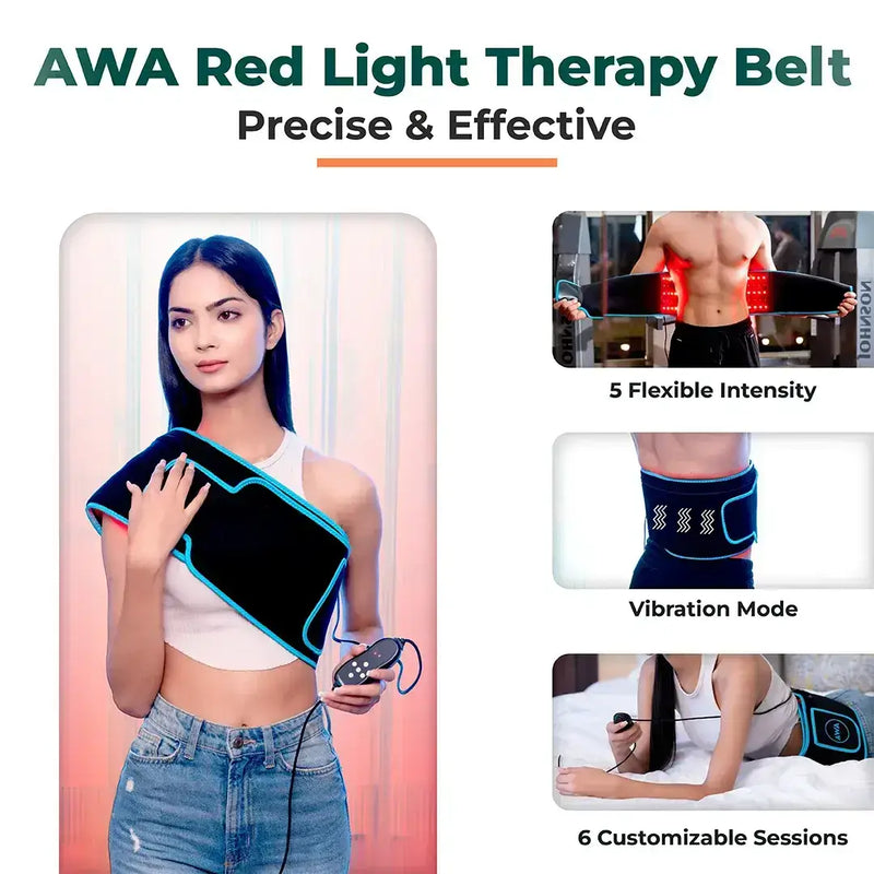 Woman holding the AWA red light therapy belt and its controller, with feature callouts