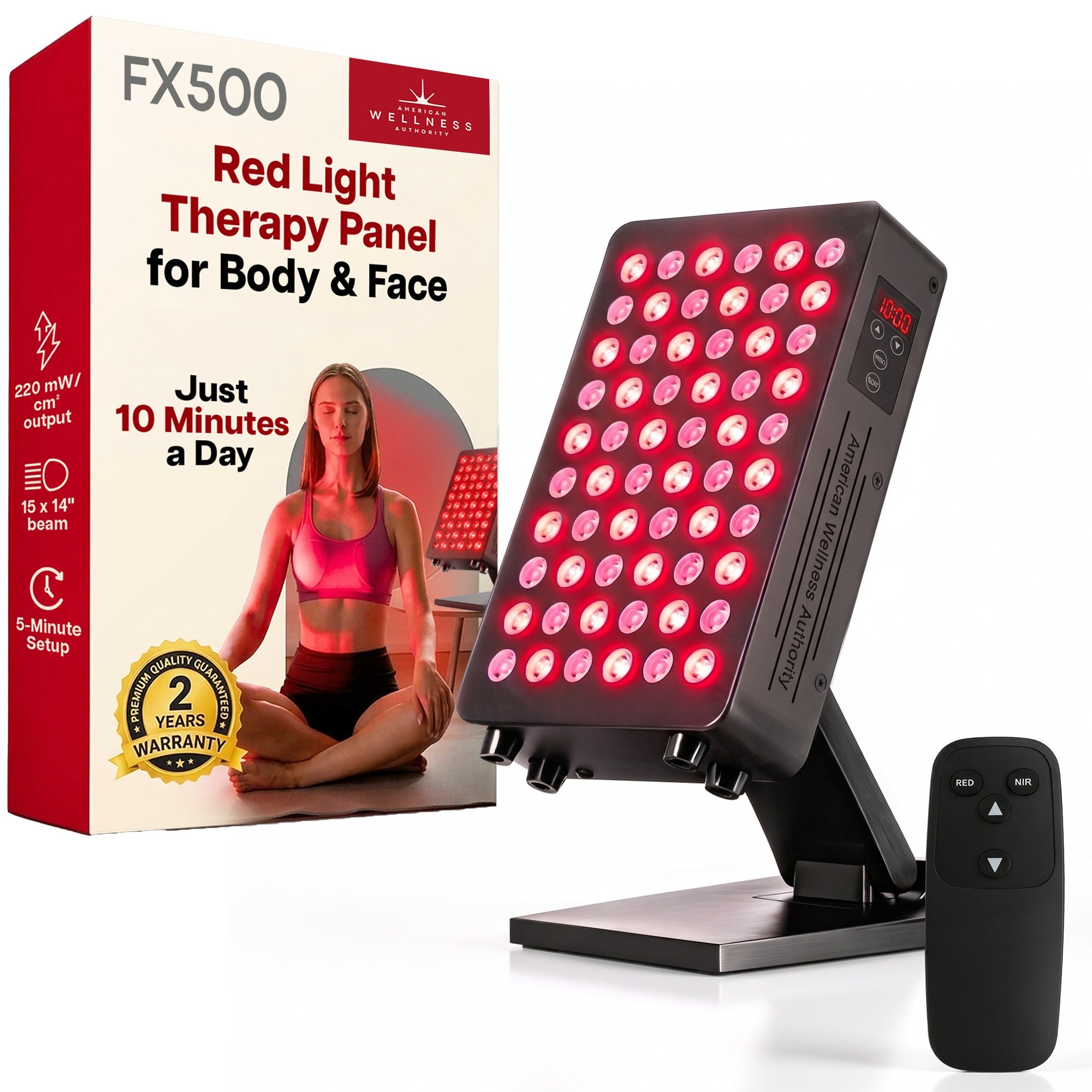 AWA FX500 red light therapy panel with its retail box, remote and stand