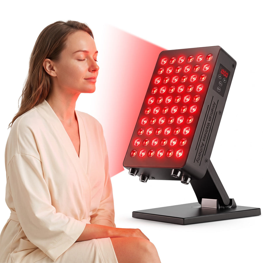 Woman sitting in front of the AWA FX500 red light panel