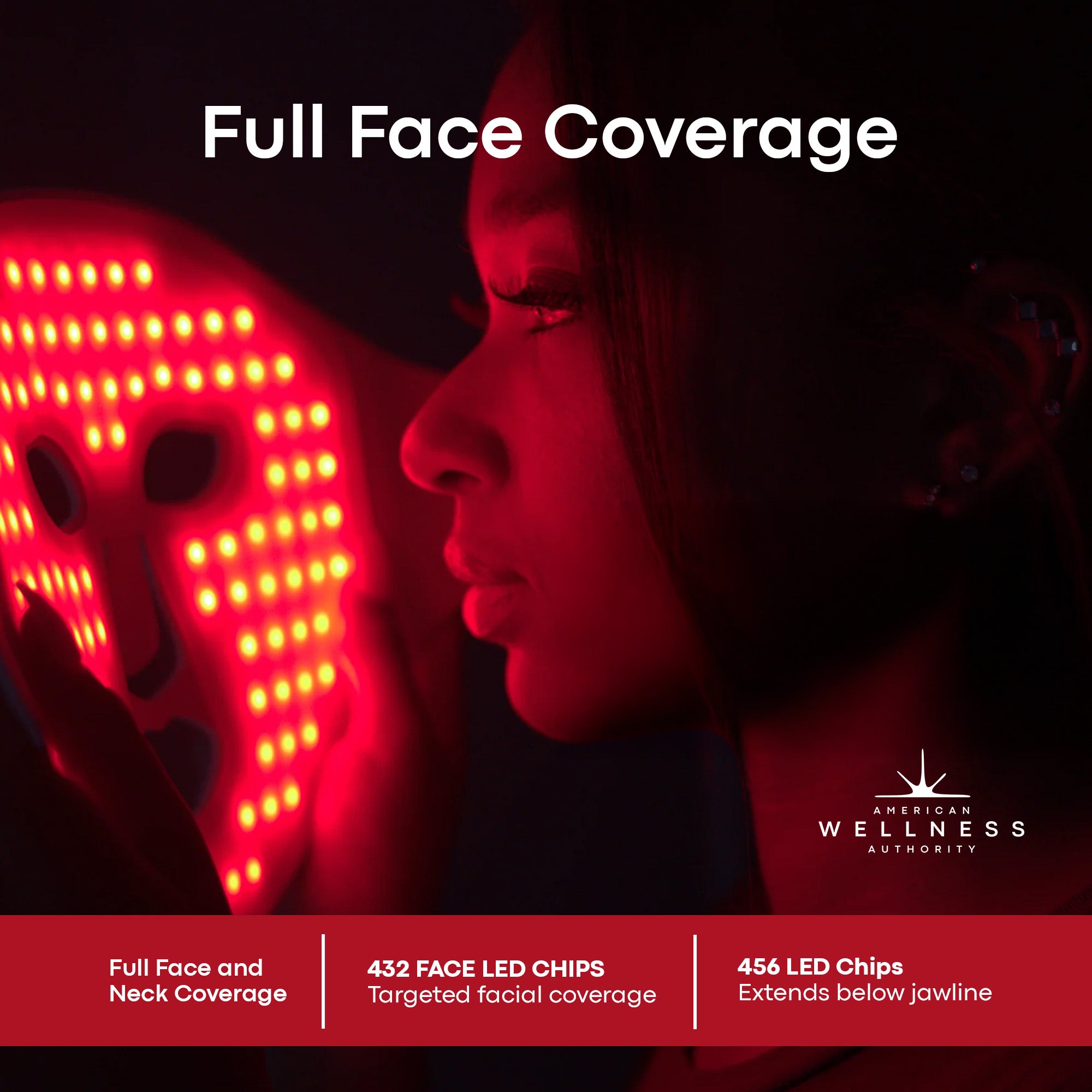 AWA LX300 LED face mask glowing red on a model, with full face and neck coverage and LED chip counts listed