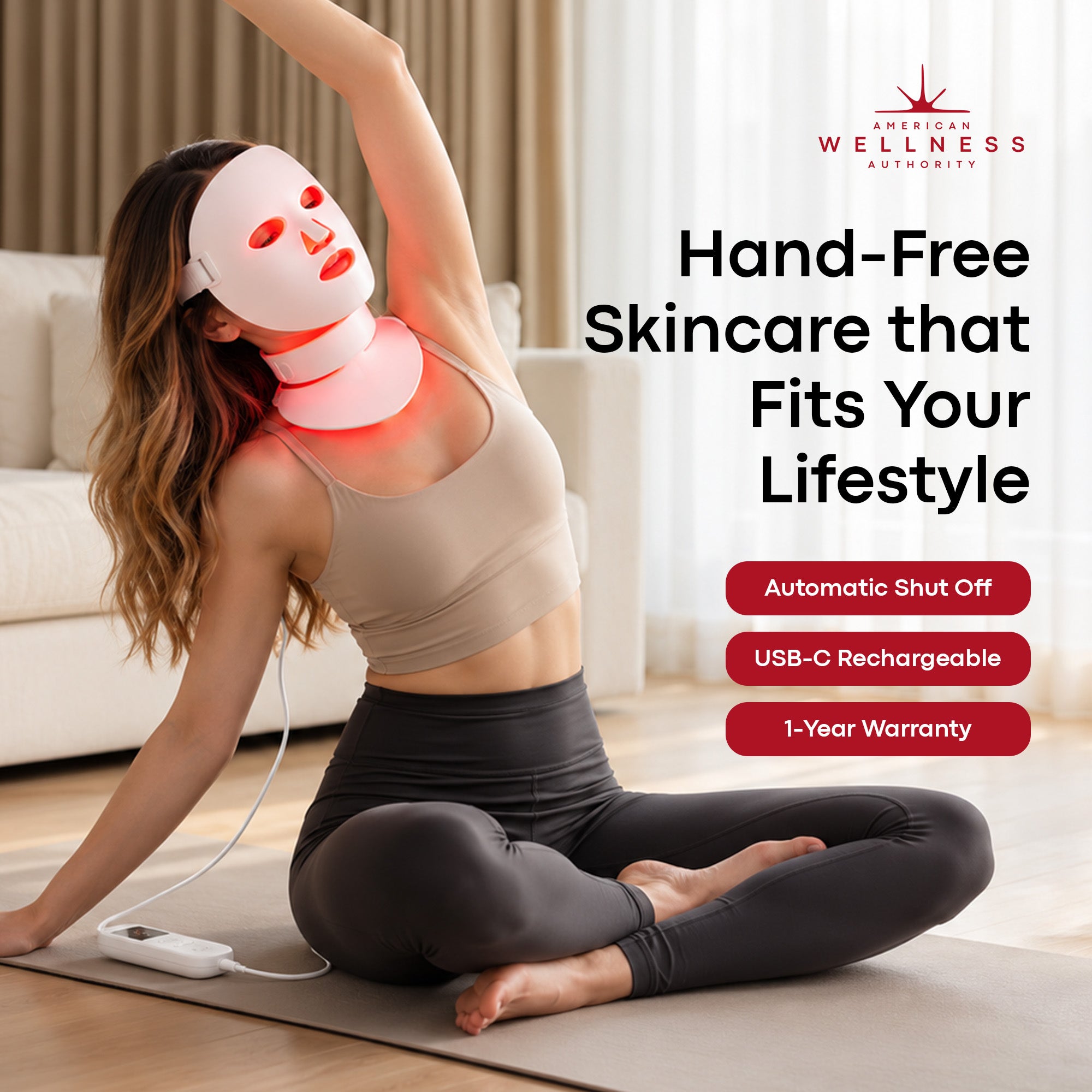 Person wearing the AWA LX300 face and neck mask during a stretching routine, with automatic shut off, USB-C rechargeable and 1 year warranty labels