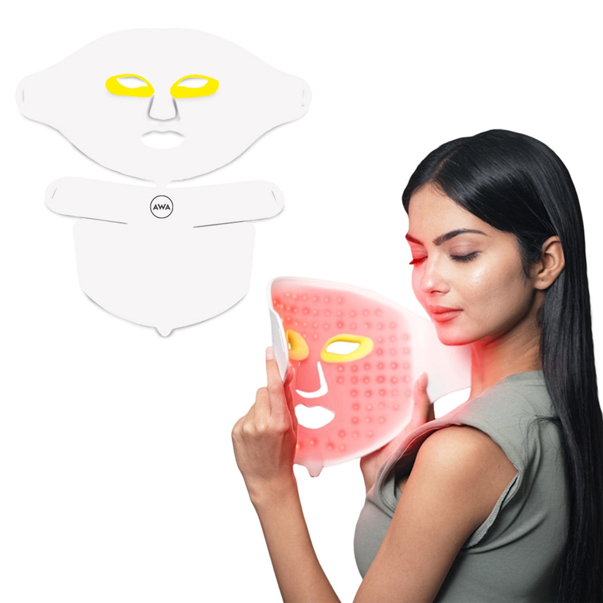 AWA LX300 LED light therapy face mask with red light on, shown on a model next to the flat mask layout